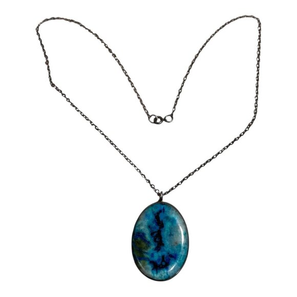 Sterling Silver Chain Oval Apatite Blue & Green Gemstone Pendant Necklace 18" - Picture 9 of 9